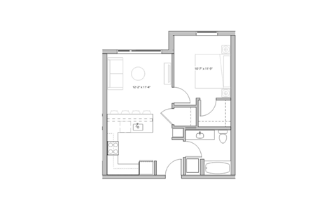 floor plan of the apartment with bedroom and living room on the second floor